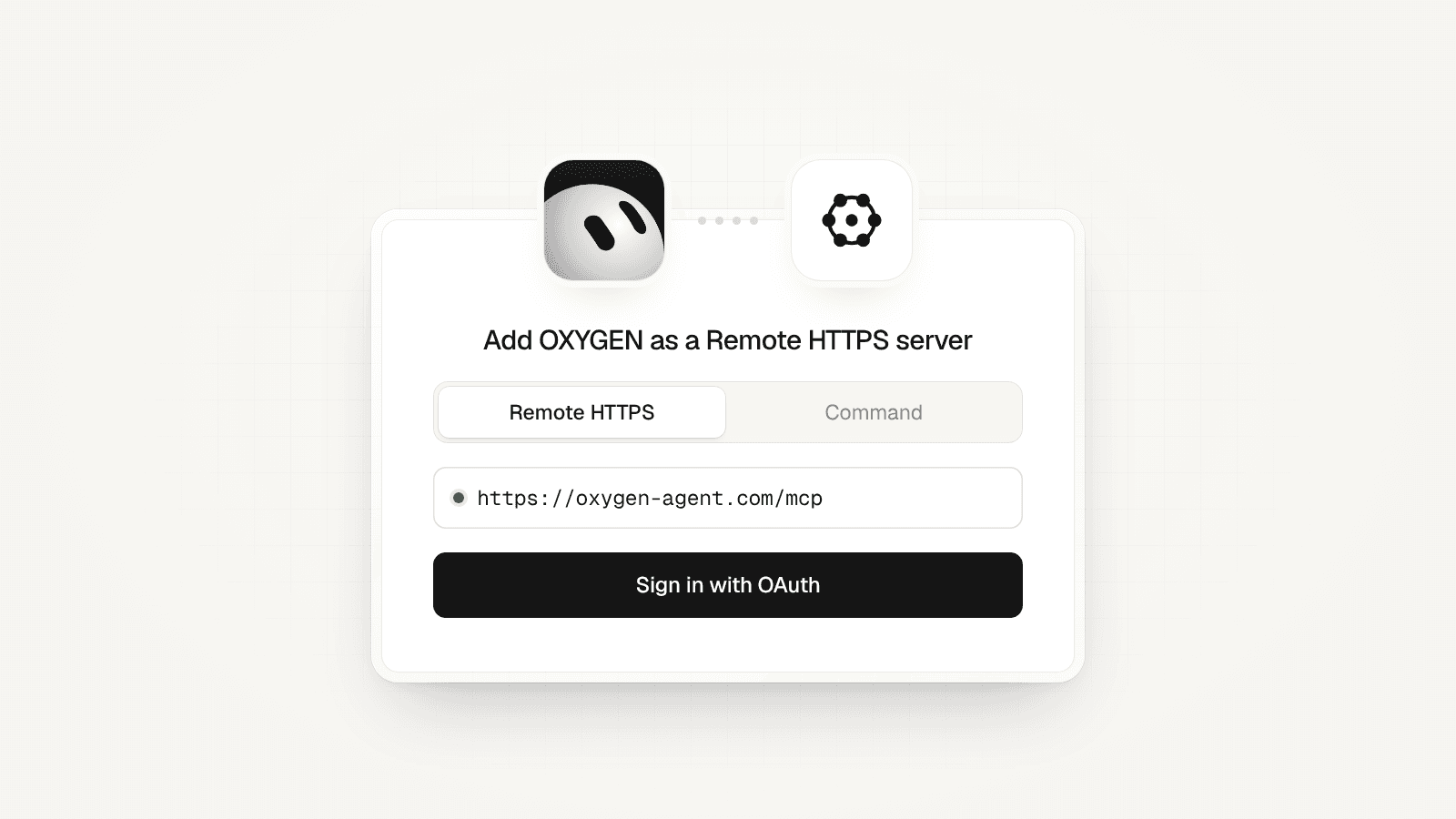A connect card with the Grok Bot mark linked to the OXYGEN mark: Remote HTTPS, https://useoxygenagent.com/mcp, and Sign in with OAuth.